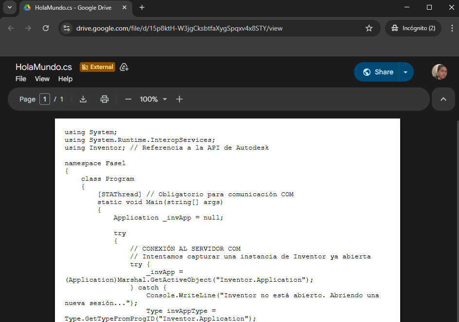 Paso 3: abrir el archivo HolaMundo.cs en Google Drive