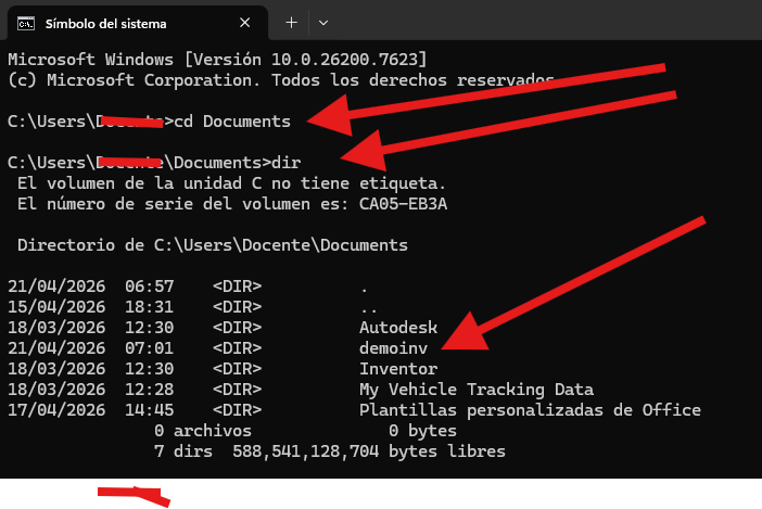 Paso 9: navegar a Documents y listar con dir