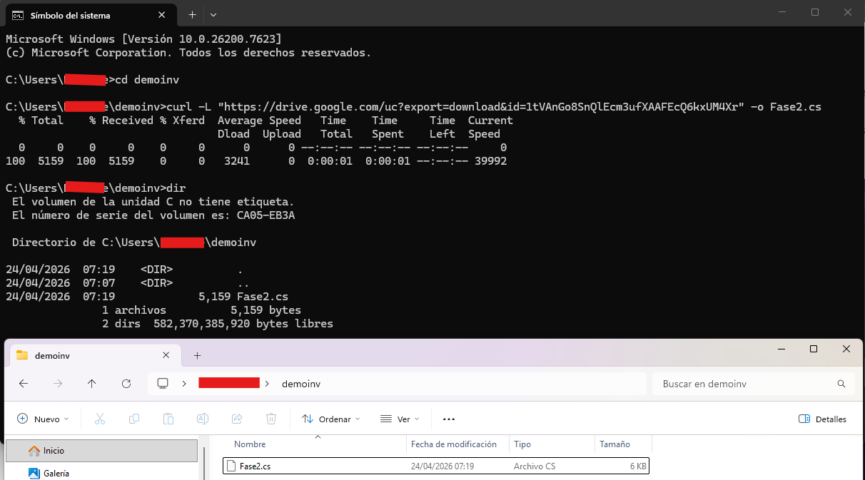 Fase 2 descarga: CMD con curl bajando Fase2.cs desde Google Drive hacia la carpeta demoinv