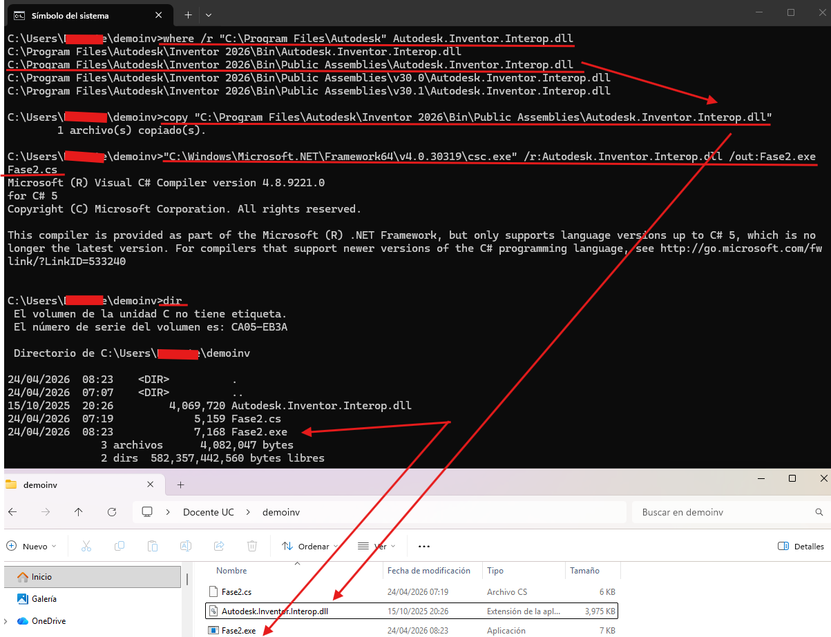 Fase 2 compilación: csc.exe compila Fase2.cs y genera Fase2.exe en demoinv