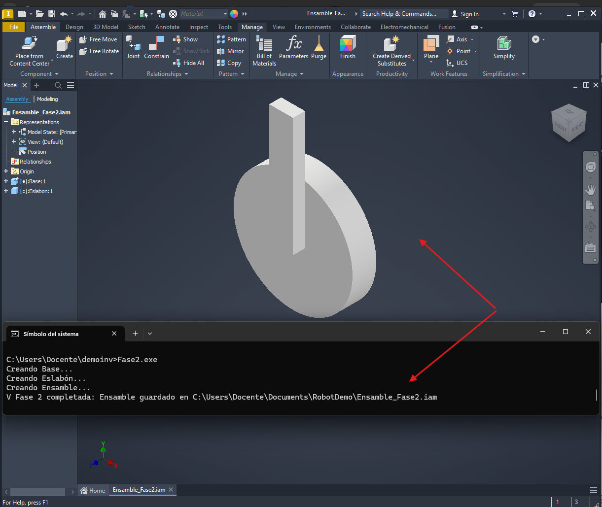 Fase 2 resultado en Inventor: base cilíndrica con un eslabón rectangular vertical encima