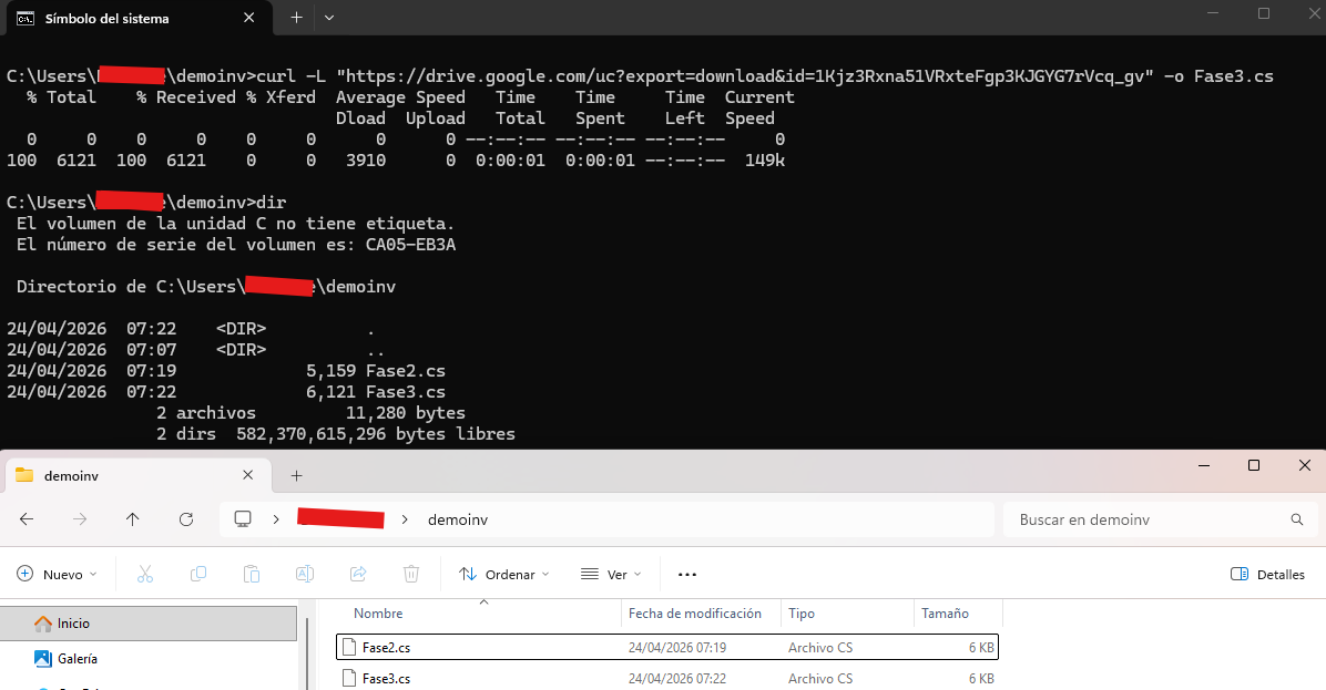 Fase 3 descarga: CMD con curl bajando Fase3.cs al mismo folder demoinv