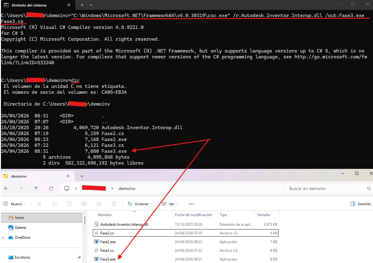 Fase 3 compilación: csc.exe compila Fase3.cs y genera Fase3.exe
