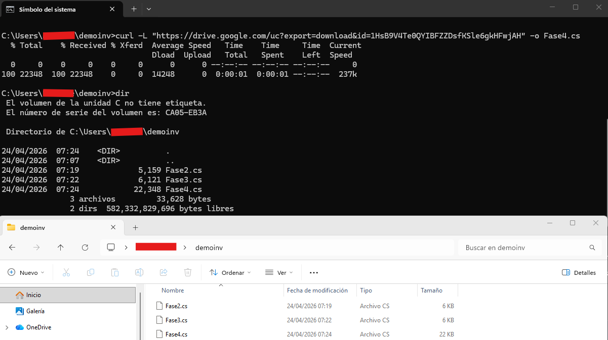 Fase 4 descarga: CMD con curl bajando Fase4.cs