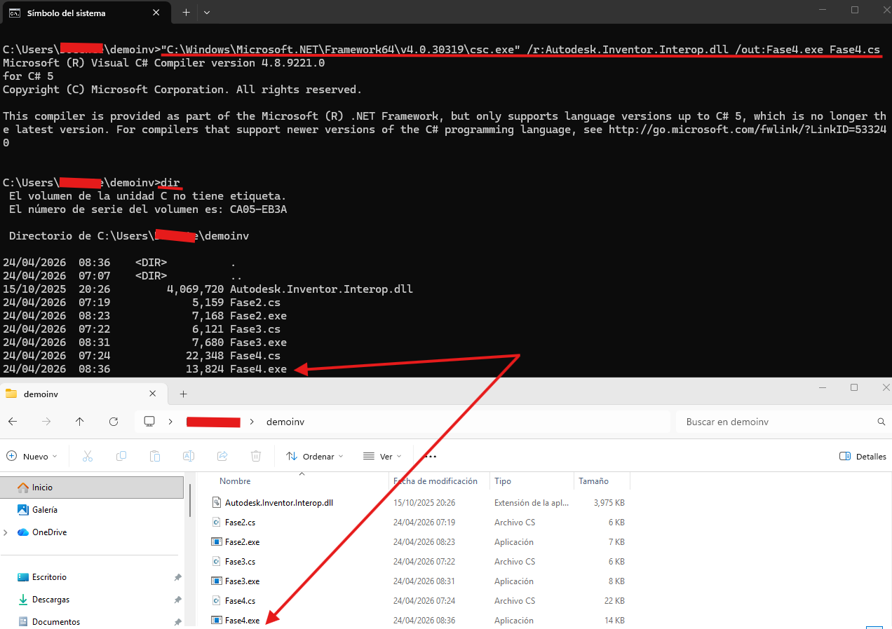Fase 4 compilación: csc.exe compila Fase4.cs y genera Fase4.exe