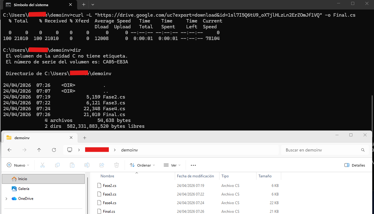 Final descarga: CMD con curl bajando Final.cs (versión generada con Codex)