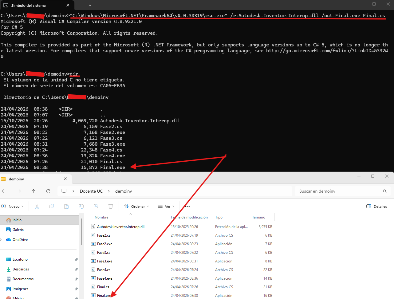 Final compilación: csc.exe compila Final.cs y genera Final.exe